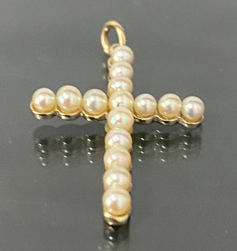 9K Yellow Gold and Pearl Cross Pendant 28.0mm High
