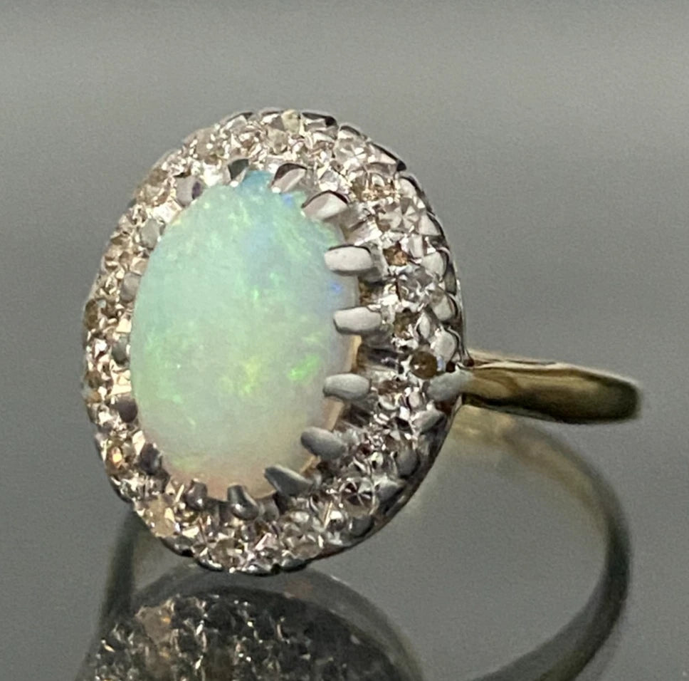 Vintage 18K Yellow Gold Opal & Diamond Cluster Ring Size L - 5 7/8