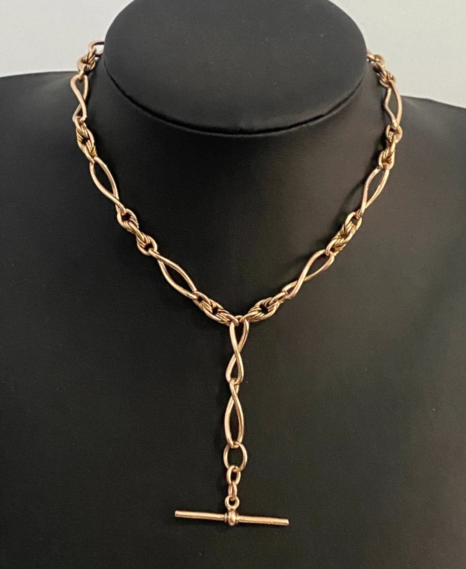 Victorian 9K Rose Gold Infinity & Knot Link Albert Chain With T-Bar