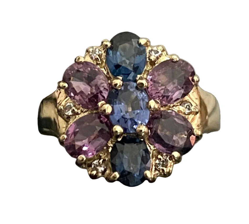 9K Yellow Gold W/Pink & Blue Spinel Gemstone Cluster Ring Size K (US 5.25)