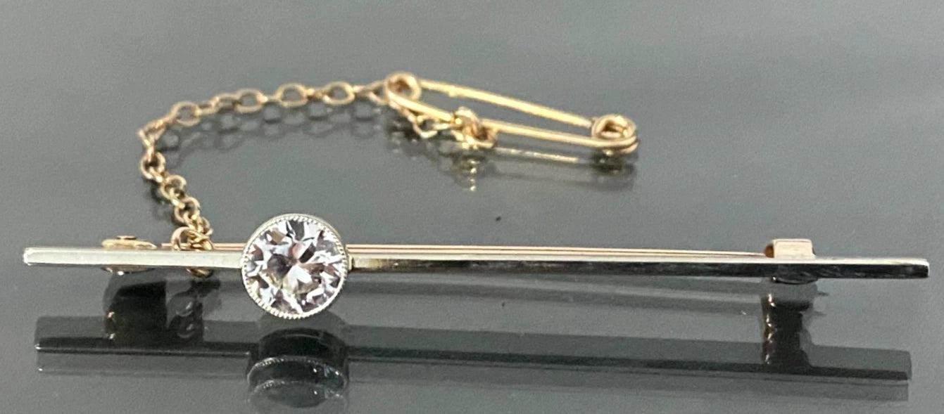 Art Deco 9K Yellow Gold with White Sapphire Bar Brooch 53mm Long