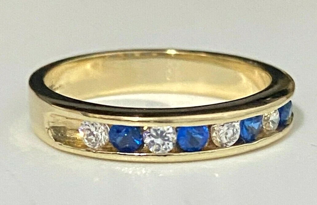 14K Yellow Gold W/ Blue & White CZ Channel Band Ring size M 1/2 - 6 1/4