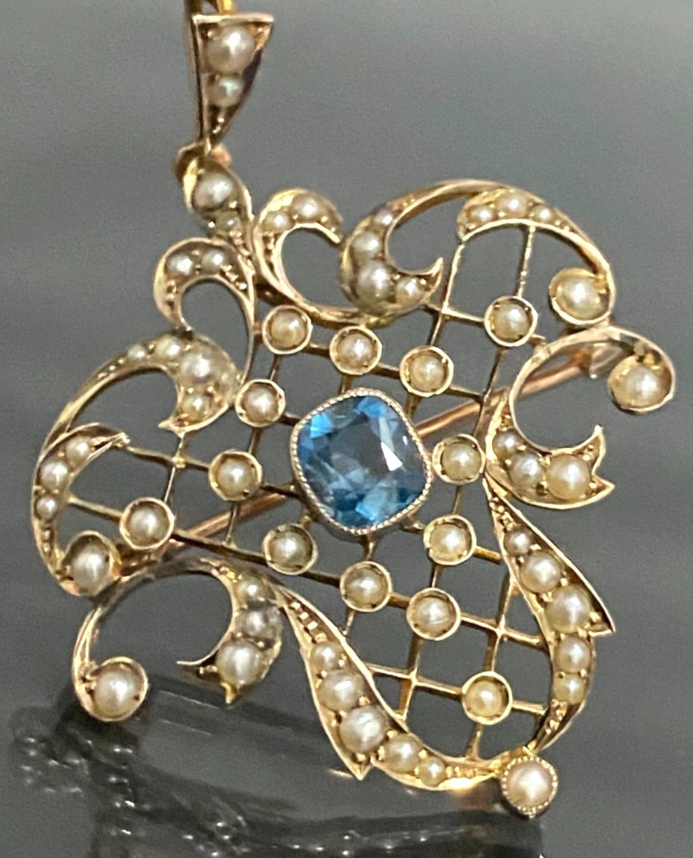 Edwardian 9ct Yellow Gold Aquamarine & Seed Pearl Drop Pendant Brooch – 42.5mm