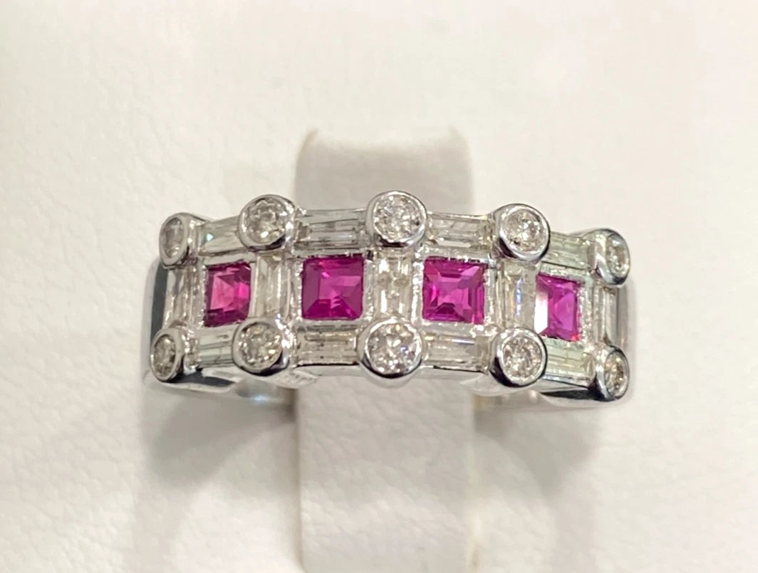 14K White Gold W/ Ruby & 0.60CT Diamond Ring Size N - 6 3/4