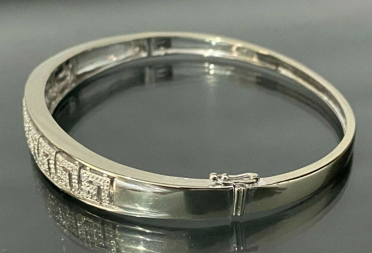 9K White Gold & 0.25CT Diamond Greek Key Hinged Bangle 60mm