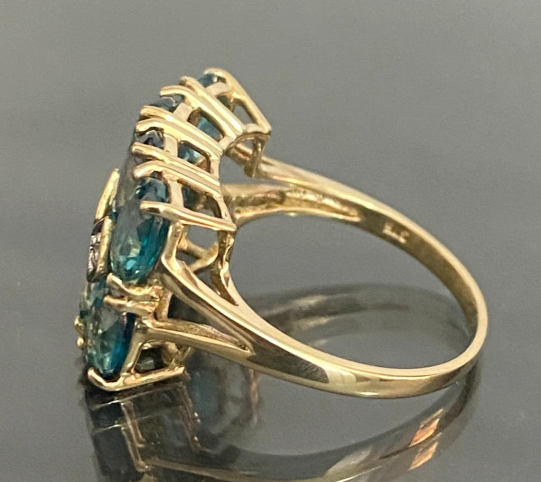 9K Yellow Gold Natural Blue Zircon & Diamond Statement Ring Size L (US ...