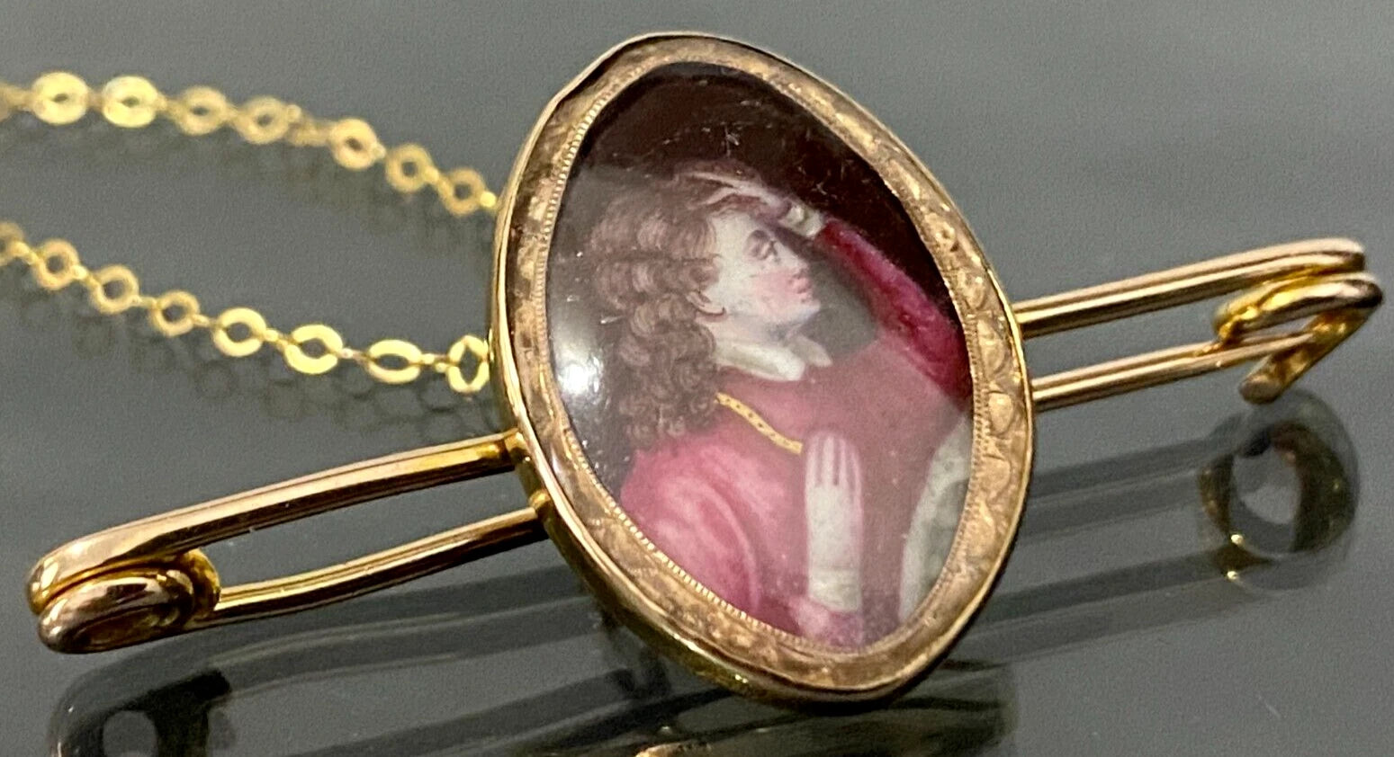 Art Nouveau 9K Yellow Gold Painted Miniature Brooch