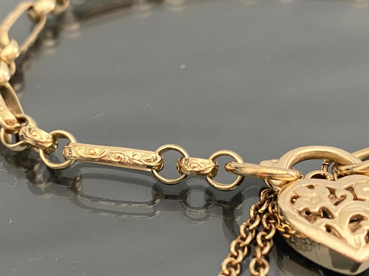 Vintage 9K Yellow Gold Ornate Fancy Link with Filigree Heart Padlock Bracelet
