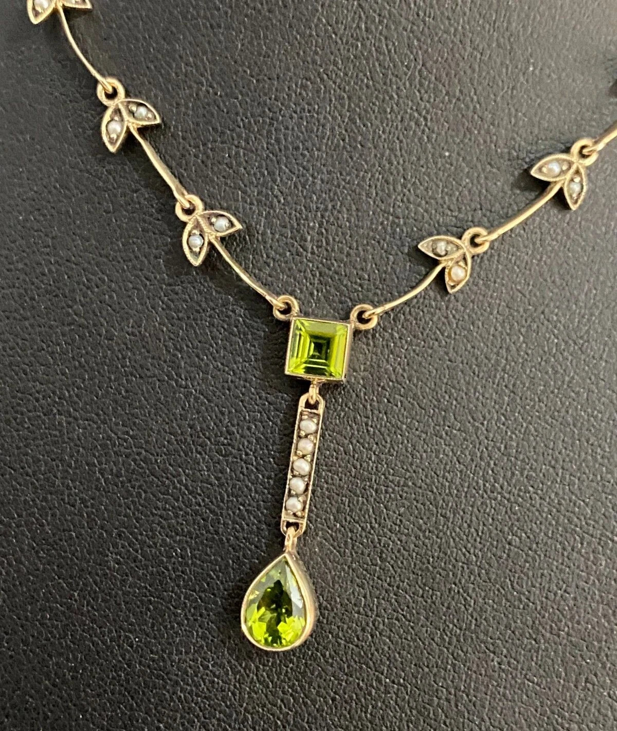 Edwardian 9K Yellow Gold W/ Peridot & Seed Pearl Drop Necklace 45cm Long