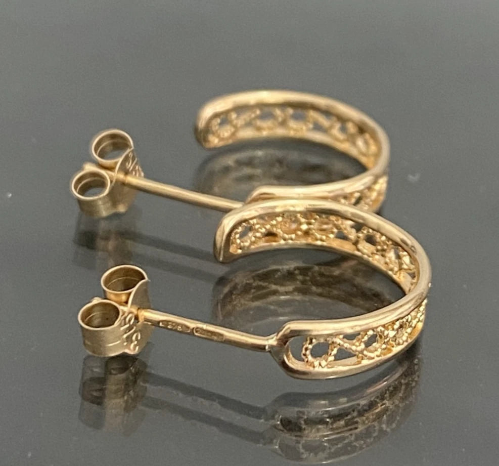9CT Yellow Gold Filigree Openwork Half Hoop Earrings