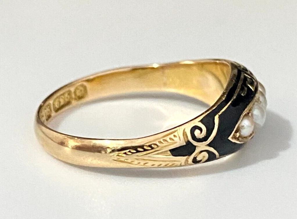 Victorian 15K Yellow Gold W/ Pearl Enamel Ring C1881 Size P 1/2 - 7 3/4