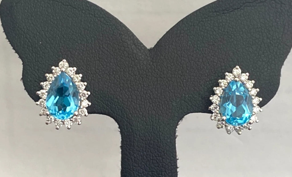 18K White Gold Topaz & 0.60CT Diamond Pear Shaped Cluster Stud Earrings