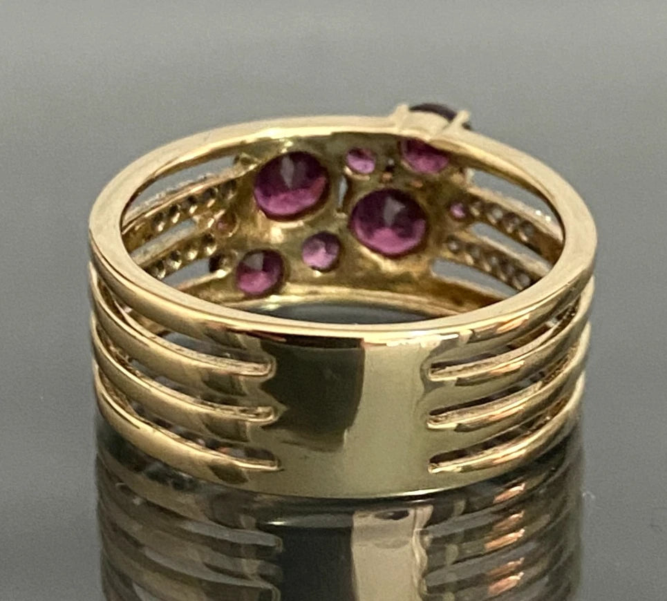 9K Yellow Gold Rhodolite & Diamond Multi-Row Split Shank Ring Size Q 1/2 (US 8.5
