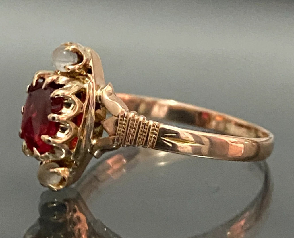 Antique 10K Rose Gold Red Paste Moonstone Ring Size P (US 7.75)
