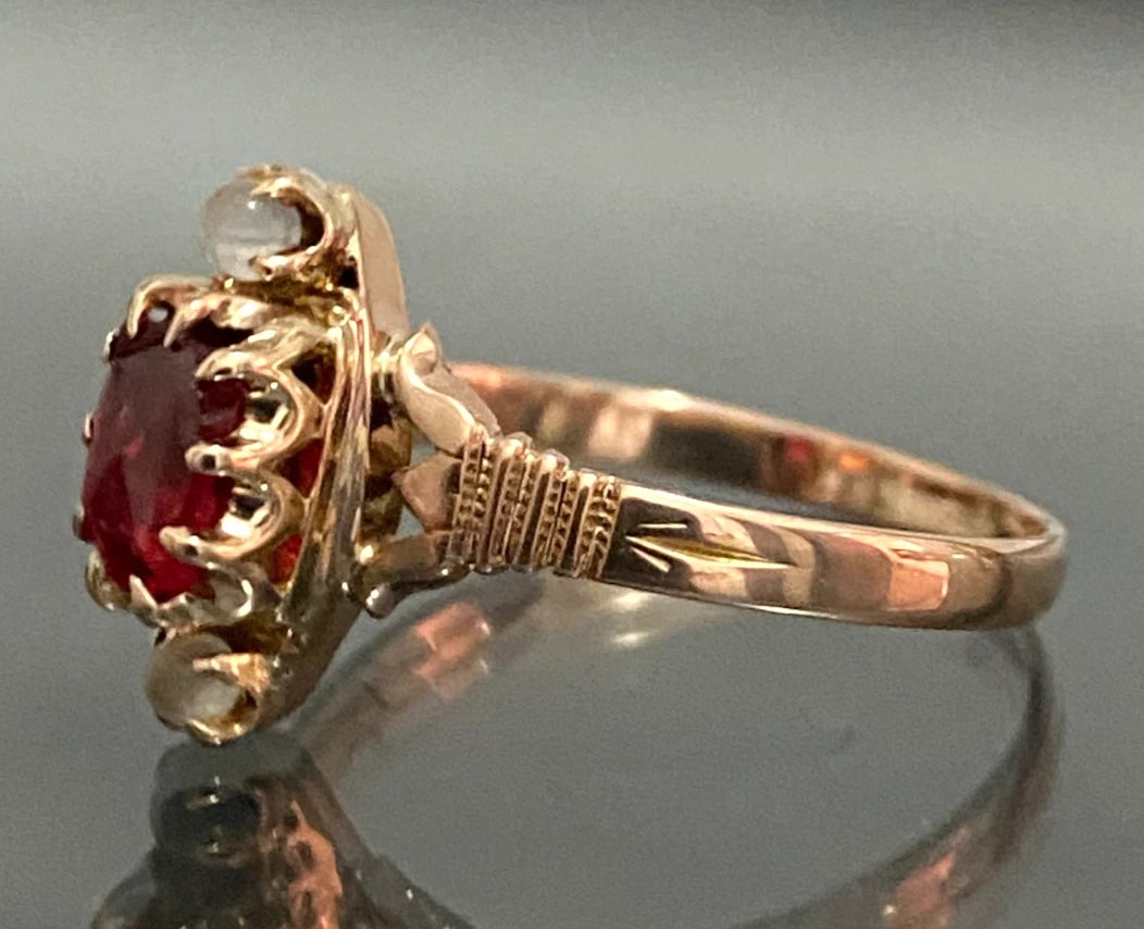 Antique 10K Rose Gold Red Paste Moonstone Ring Size P (US 7.75)