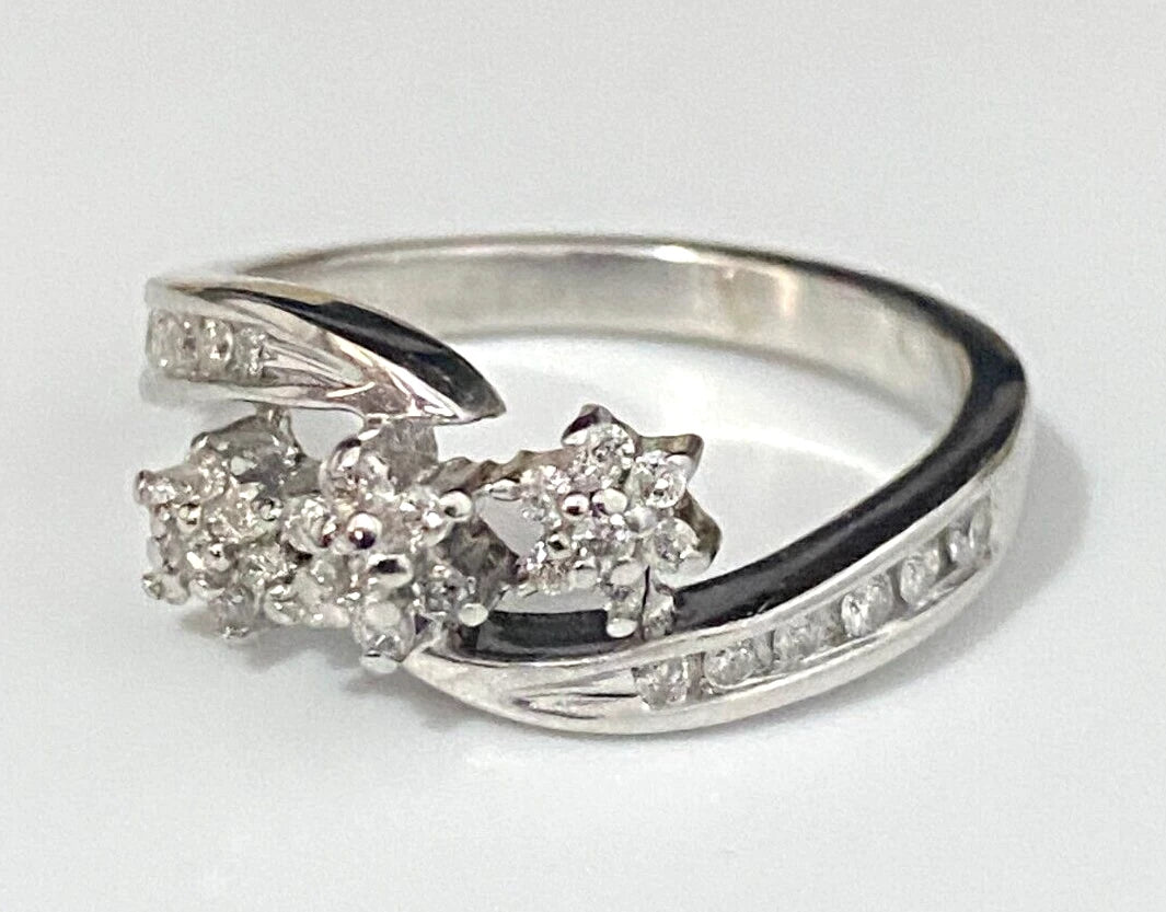 9K White Gold & 0.25CT Diamond 3 Flower Cluster Ring Size N (US 6.5)