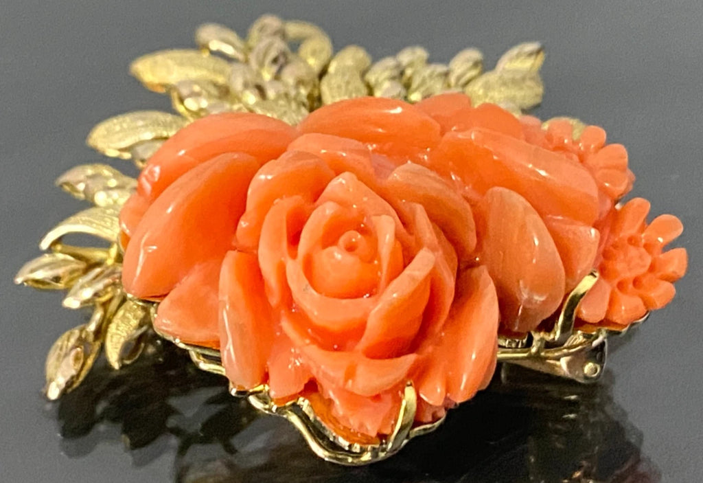 Art Deco 18K Yellow Gold & Carved Coral Brooch 57mm High