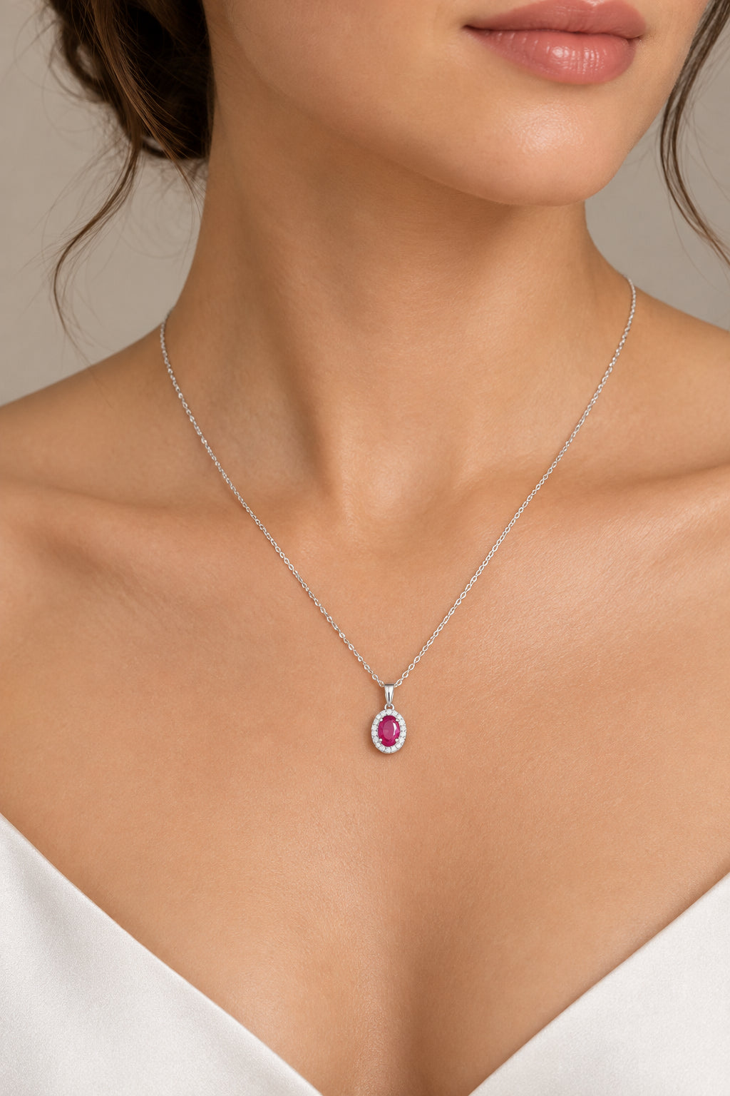 18K White Gold W/ Ruby & Diamond Halo Pendant