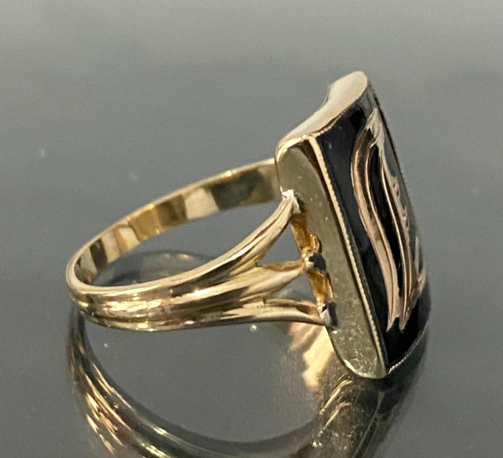 Antique 9K Yellow Gold & Onyx " J " Letter Initial Ring Size P - 7 3/4