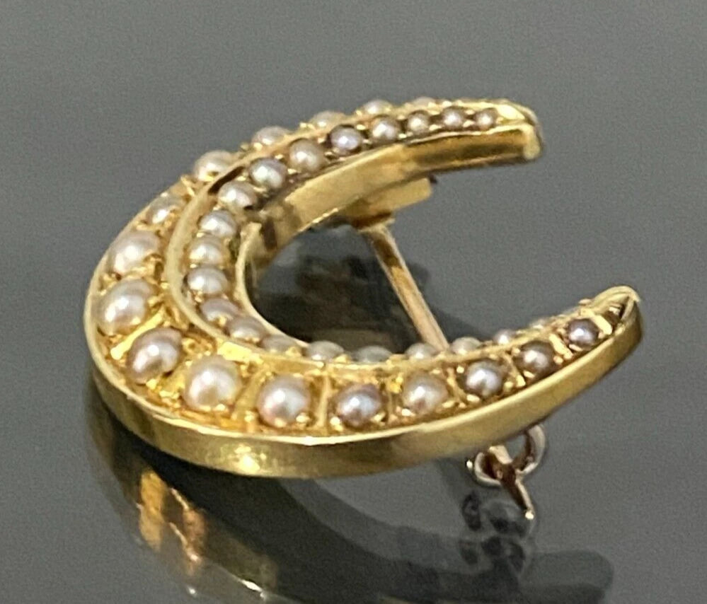 Antique 15K Yellow Gold & Pearl Crescent Brooch