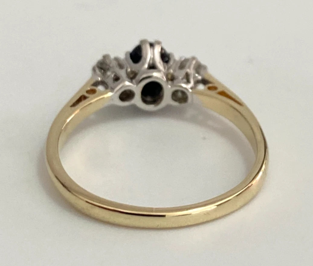 Vintage 9K Yellow Gold Sapphire & Diamond Cluster Ring - Size M (US 6.25)