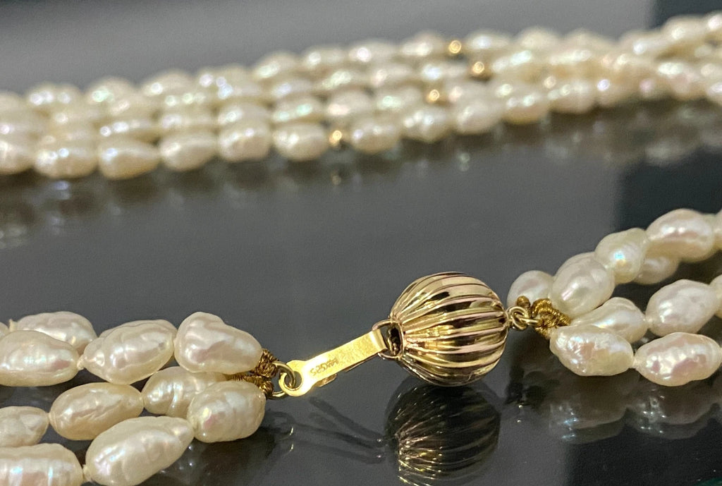 White Cultured Pearl Multi-Strand Necklace W/ 14K Yellow Gold Clasp 44cm Long