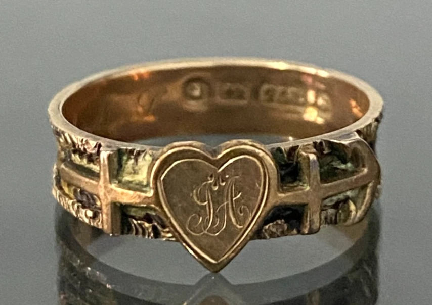 Victorian 9K gold Faith Hope & Charity Woven Hair 'JA' Initial Ring C1879
