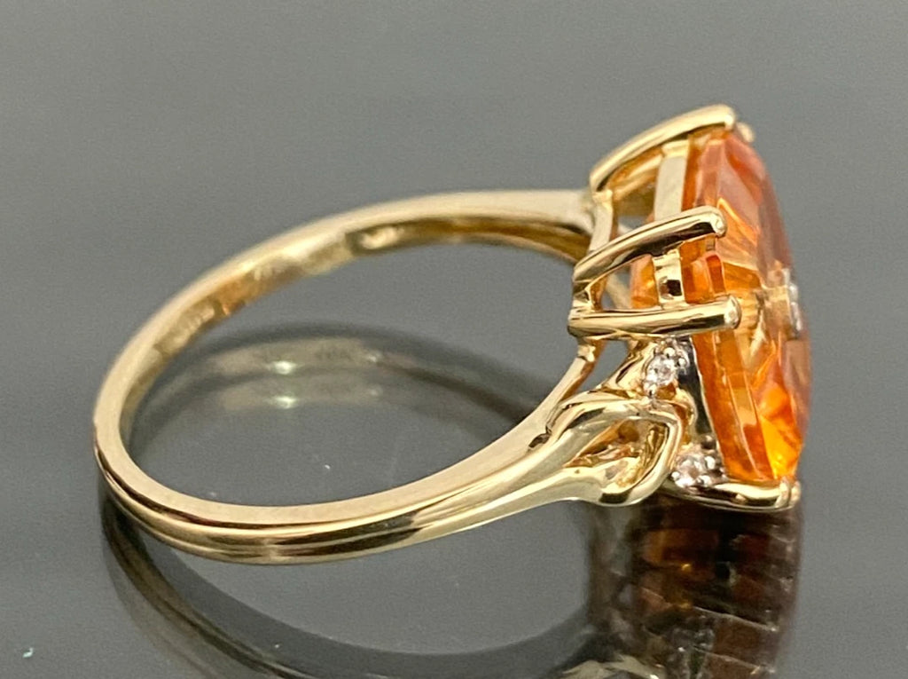 10K Yellow Gold Quasar Cut Orange Quartz Diamond Cocktail Ring Size N (US 6.75)