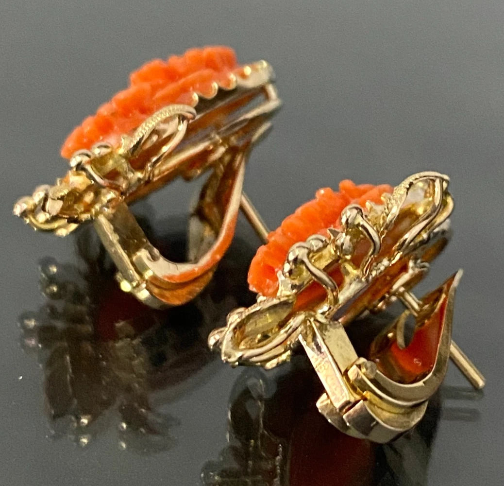 Art Deco 18K Yellow Gold & Red Coral Foliate Earrings 23.0mm