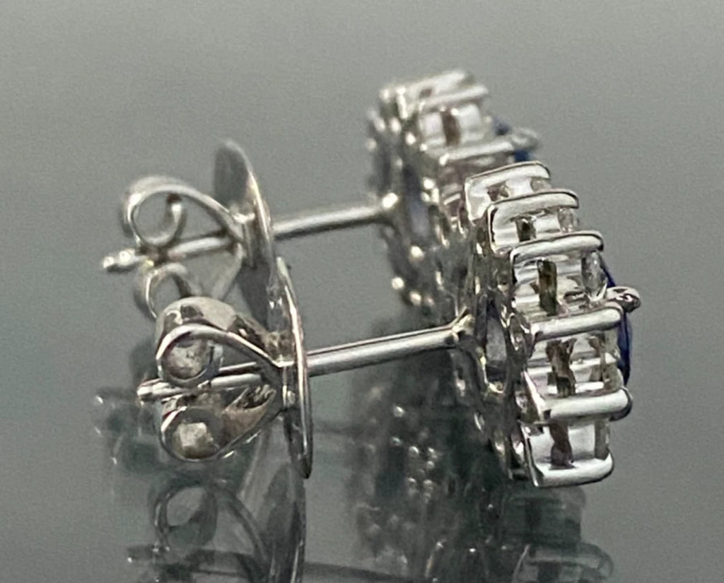 14K White Gold W/Sapphire & Diamond Cluster Stud Earrings 10.80mm