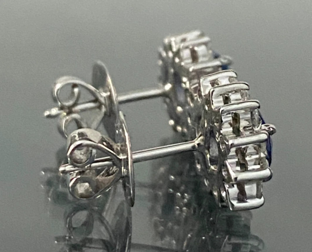 14K White Gold W/Sapphire & Diamond Cluster Stud Earrings 10.80mm