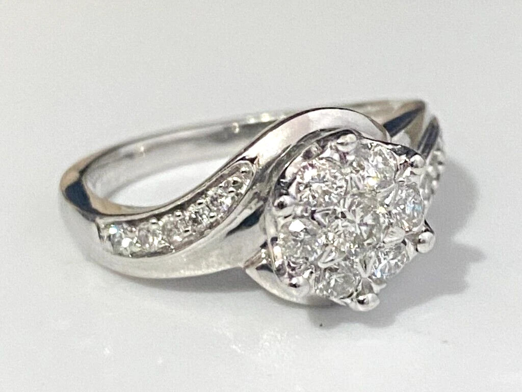 9K White Gold & 0.50CT Brilliant Diamond Cluster Ring Size M - 6