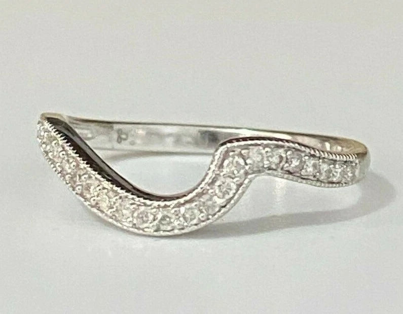9K White Gold & Diamond Curved Grain Set Wedding Band Ring Size M 1/2 - 6 1/4