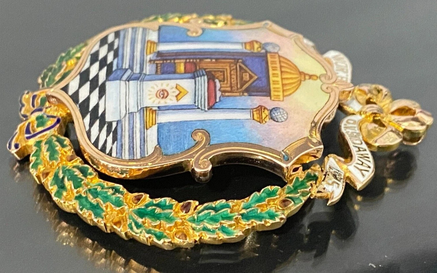 Rare Antique 9K Gold Hand Painted Shield Masonic Medallion Pendant C1925