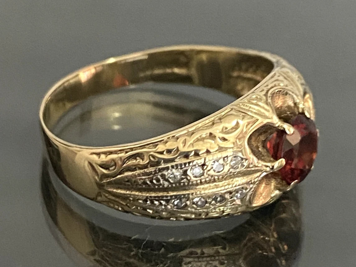 Vintage 9ct Gold Garnet & Diamond Ornate Gypsy Ring – Size X (US 11.75)
