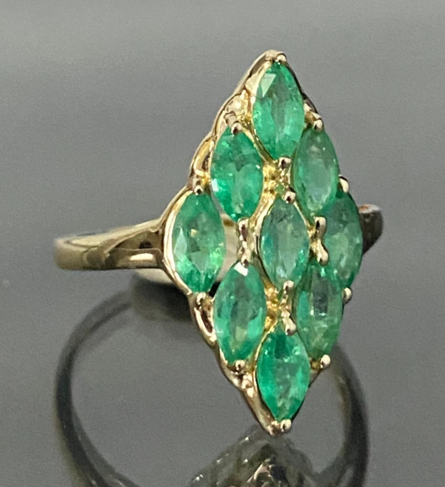 9K Yellow Gold & 1.10CT Marquise Emerald Cluster Ring Size Q - 8 1/4