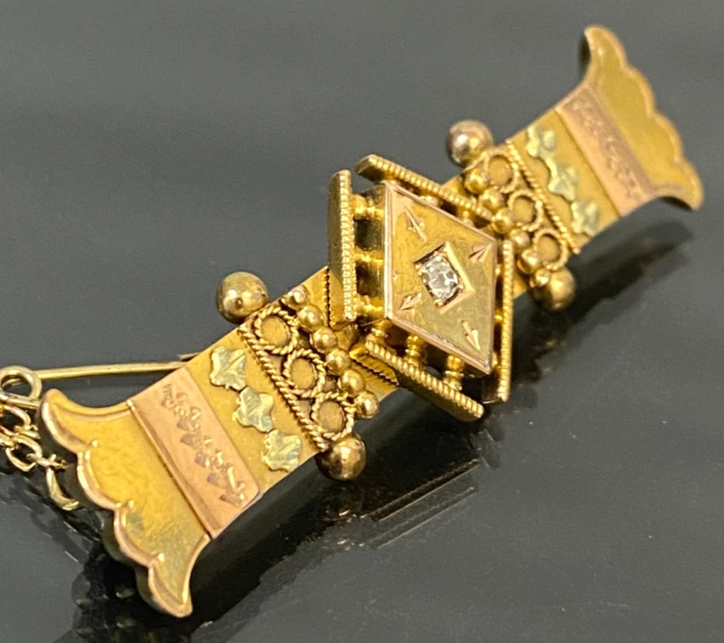 Victorian Australian 15K Yellow Gold Diamond Etruscan revival Bar Brooch 40mm