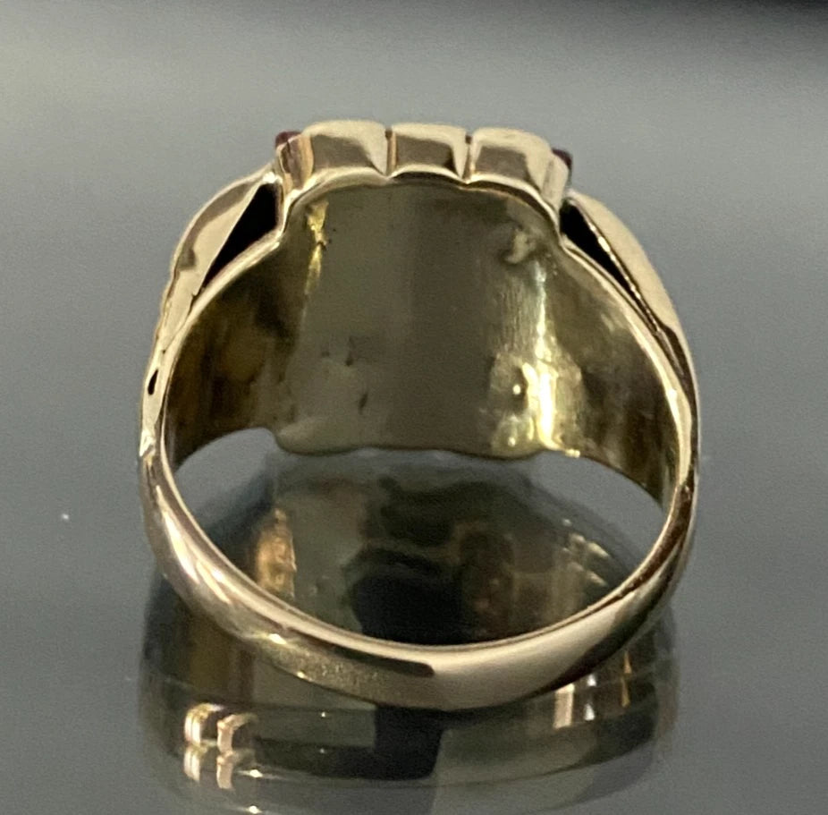10K Yellow Gold W/ Synthetic Ruby & Stone Men's Signet Ring Size R - 8 7/8