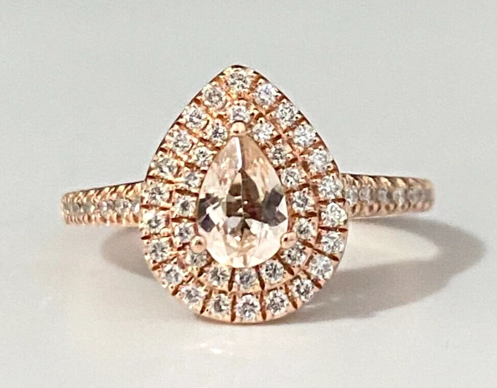 10K Rose Gold W/ Morganite & 0.25CT Diamond Halo Ring Size H 1/2 - 4