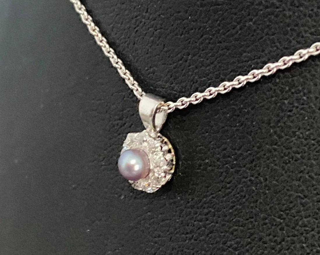 14K White Gold W/ Pearl & Diamond Pendant