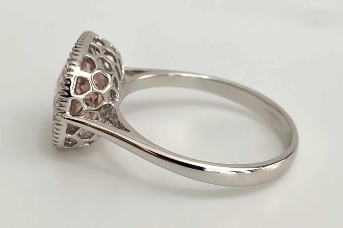 18ct White Gold Morganite & Diamond Halo Ring – Cushion Cut - Size M (US 6.25)