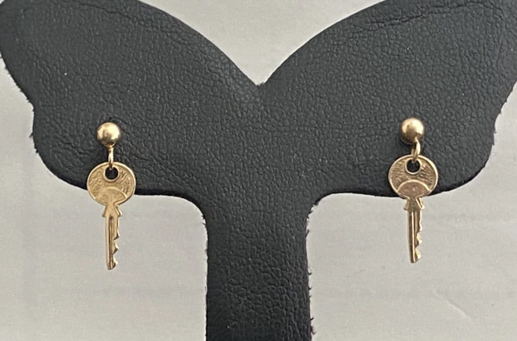 9K Yellow Gold Key Drop Stud Earrings