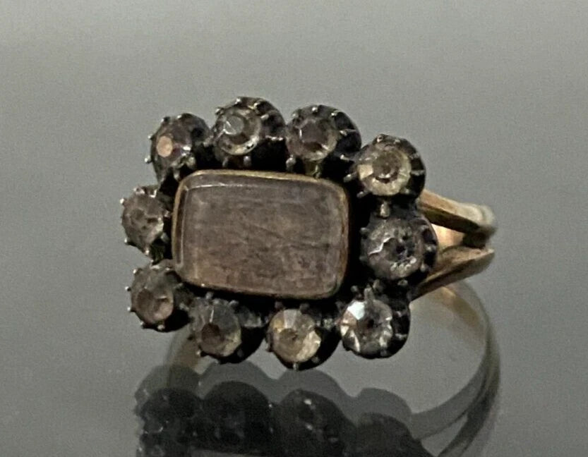 Georgian 9K Rose Gold & Hairwork Memorial Ring Size I 1/2 - 4 1/2