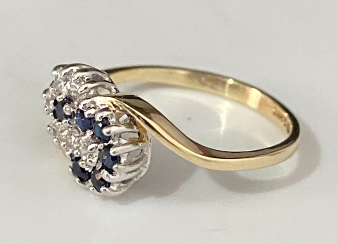 9K Yellow Gold W/ Sapphire & CZ Cluster Crossover Ring Size K - 5 3/8