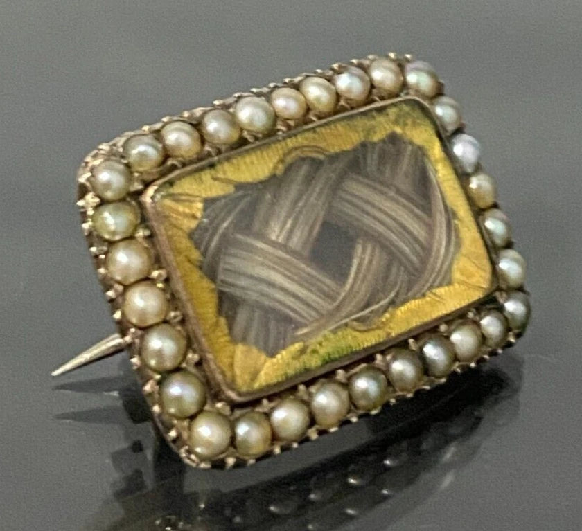 GEORGIAN 9K Gold W/ Pearl & Woven Hairwork Memorial Brooch