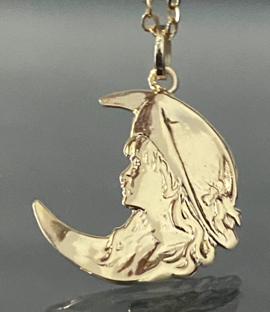 9ct Yellow Gold Lady Crescent Moon Charm / Pendant – 27mm