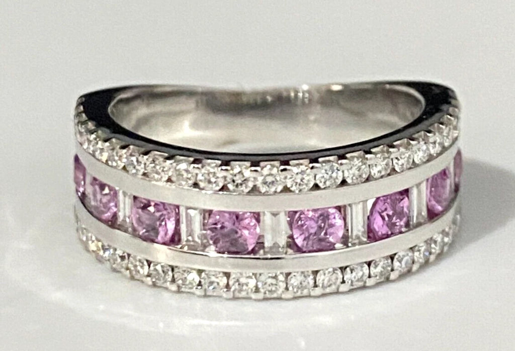 9K White Gold W/ Pink Sapphire & 0.60CT Diamond Ring Size M 1/2 - 6 1/4