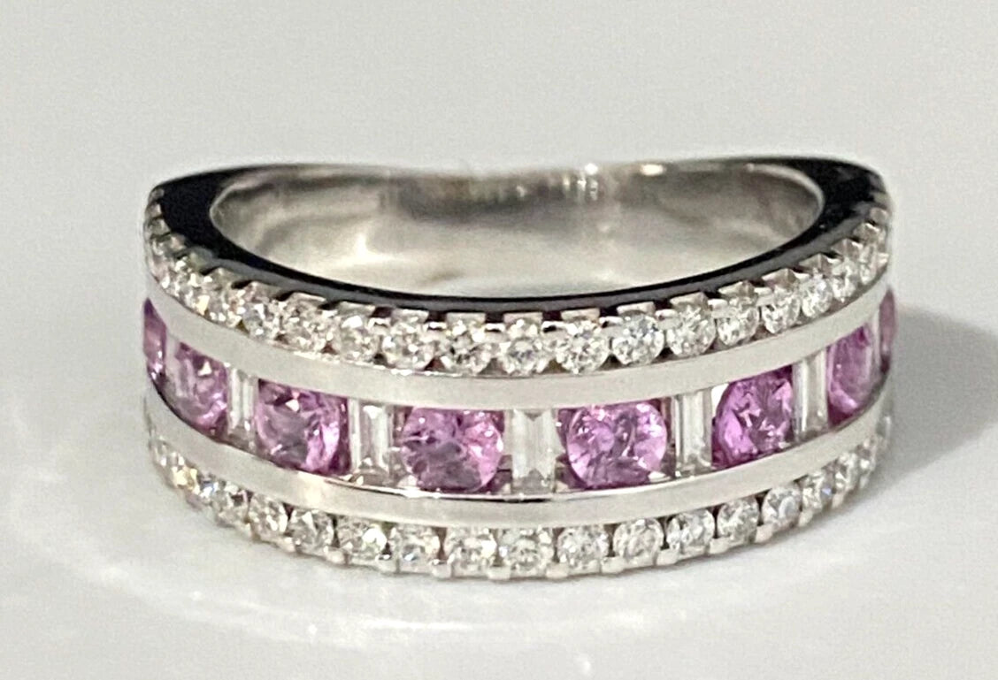 9K White Gold W/ Pink Sapphire & 0.60CT Diamond Ring Size M 1/2 - 6 1/4