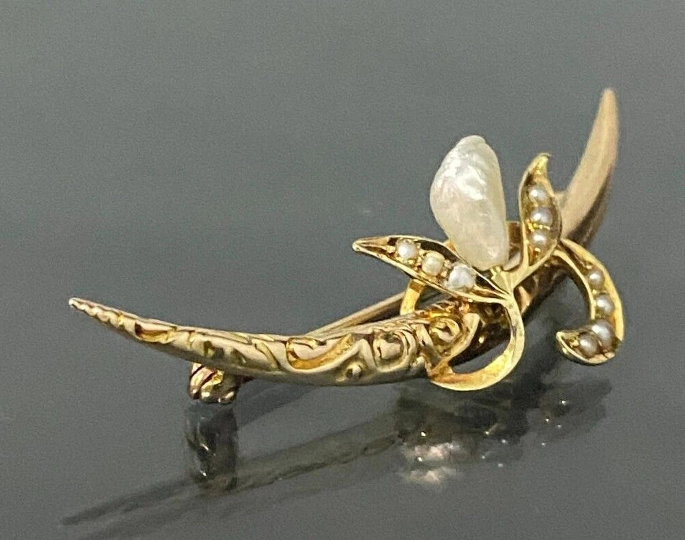 Antique 14K Yellow Gold & Pearl Flower Crescent Brooch Pin