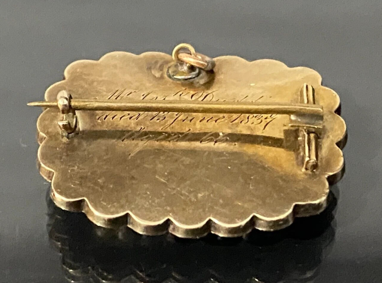 GEORGIAN 12K Gold W/ Pearl & Woven Hairwork Mourning Pendant / Brooch 32.30mm